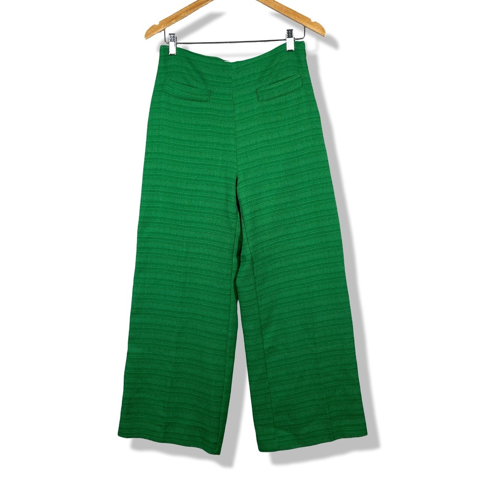 Mango MNG Wide Leg Trousers Womens 8 Green Textured Professional Preppy Knit